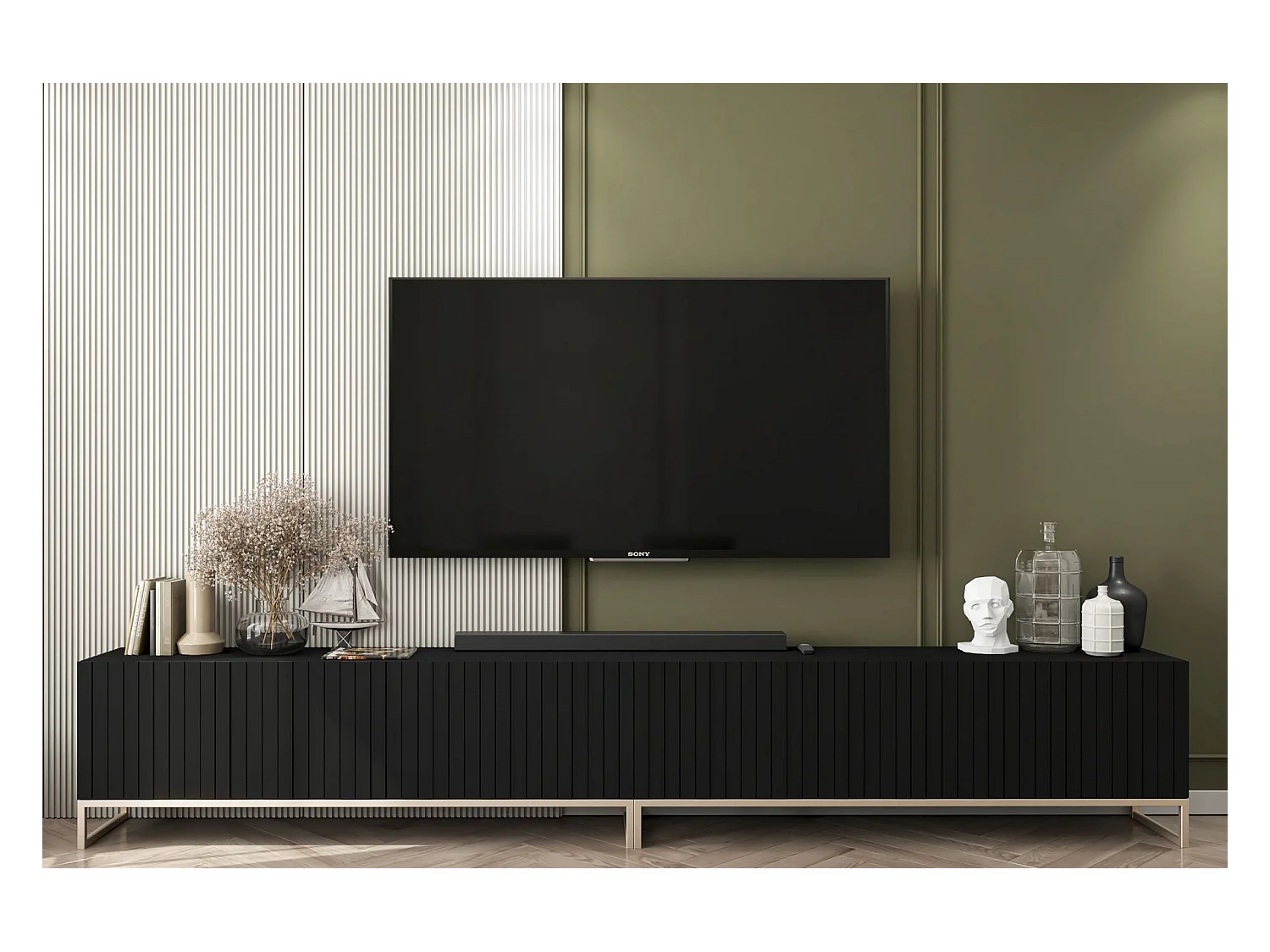 Meuble TV avec 8 portes - Corps Noir mat, façades rainurées Noir mat - 300 cm, cadre métallique