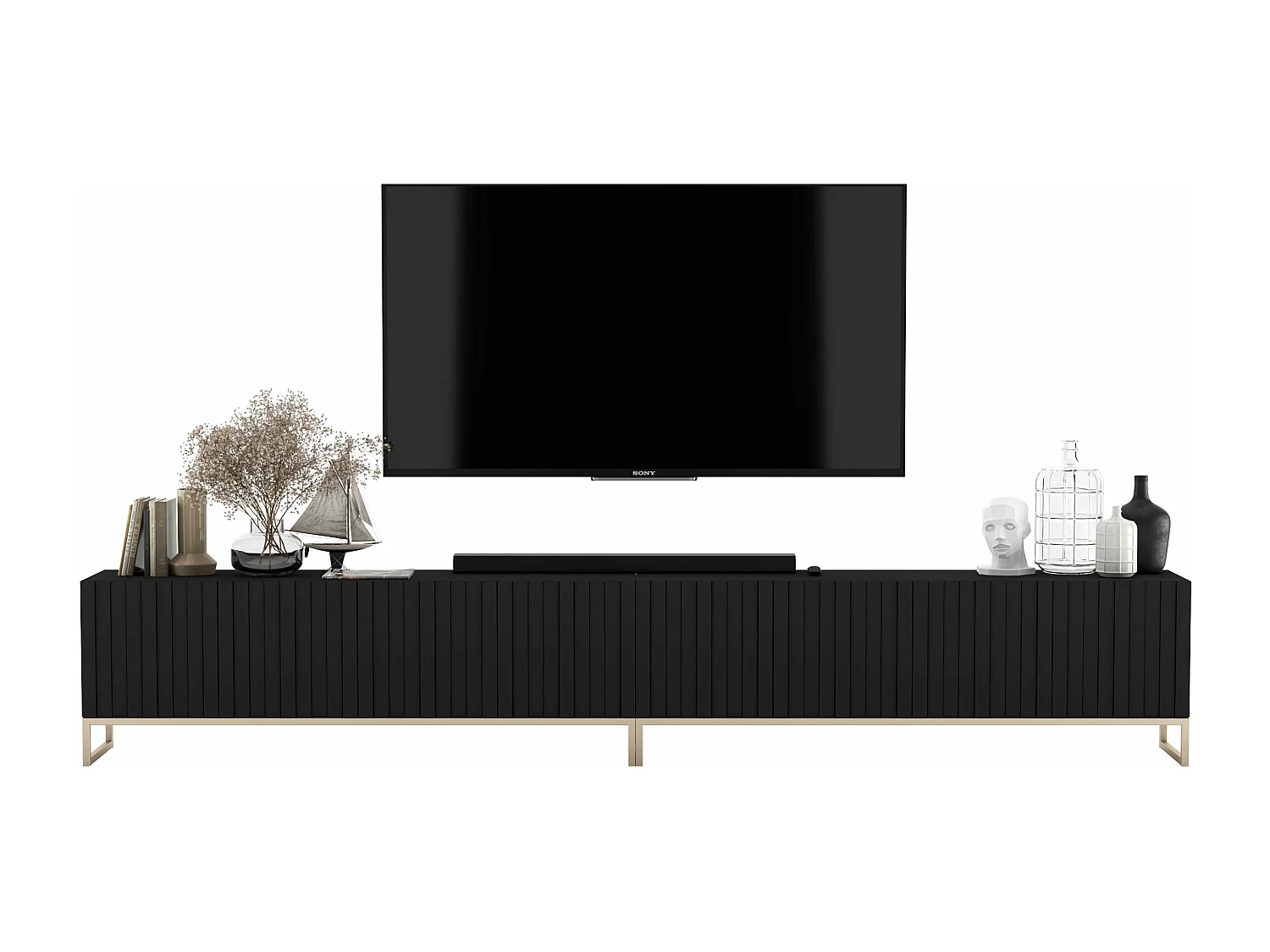 Meuble TV avec 8 portes - Corps Noir mat, façades rainurées Noir mat - 300 cm, cadre métallique