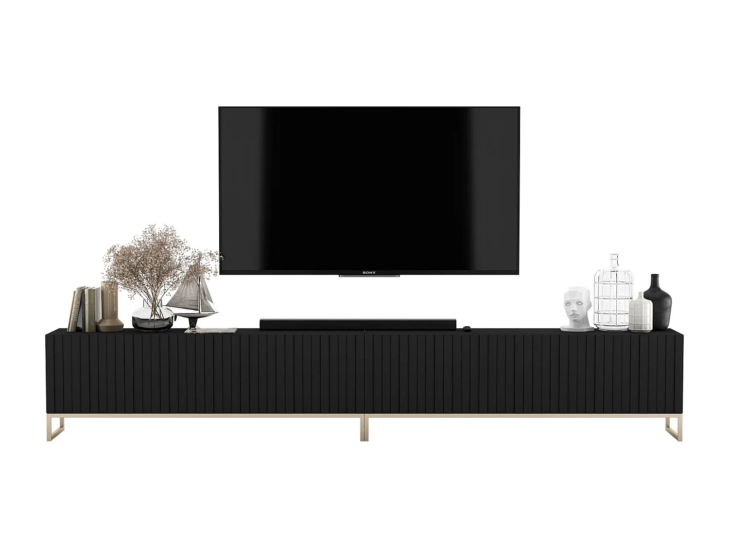 Szafka RTV z 8 drzwiami – korpus czarny mat, ryflowane fronty czarny mat – 300 cm, metalowy stelaż