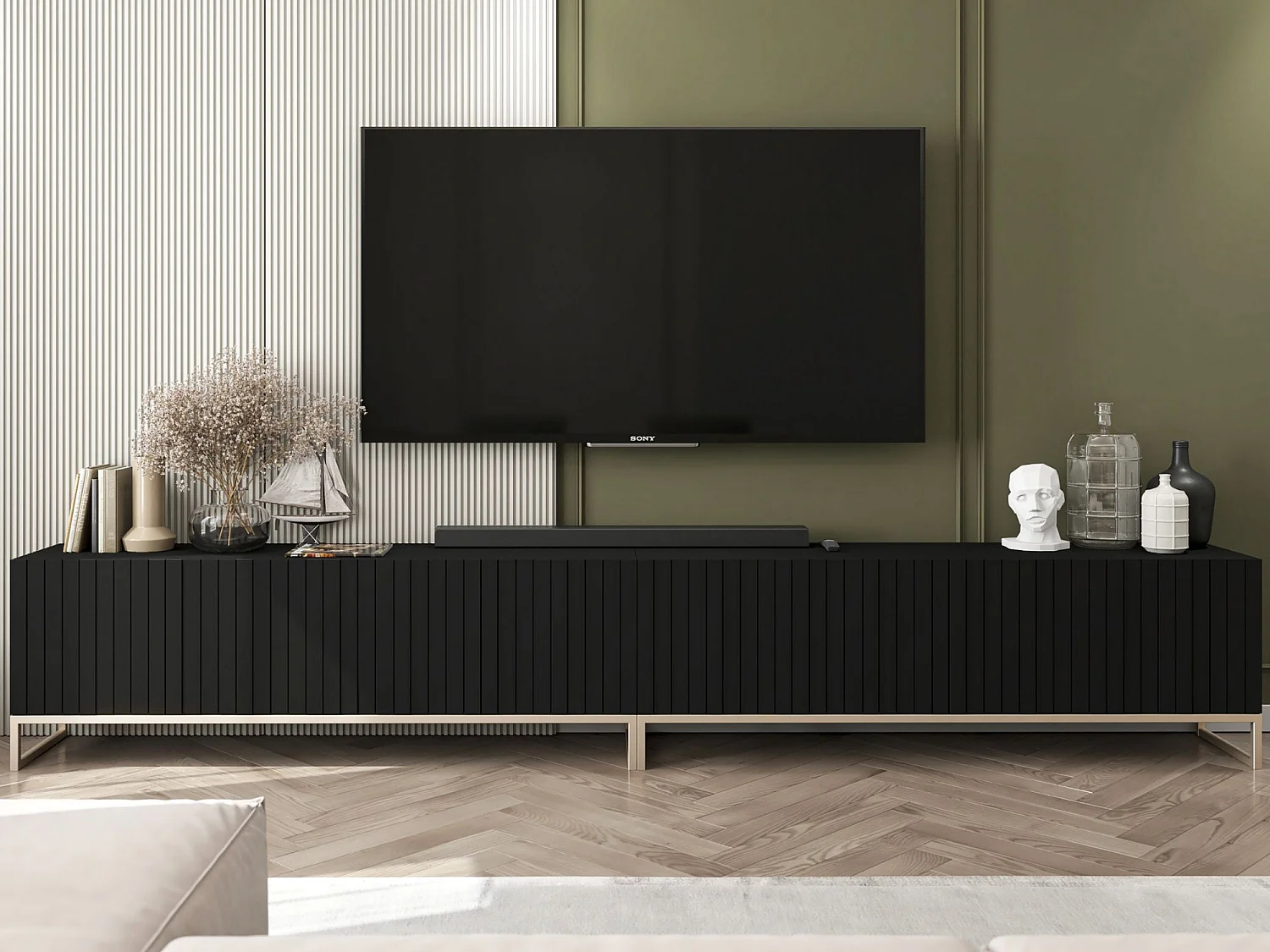 Szafka RTV z 8 drzwiami – korpus czarny mat, ryflowane fronty czarny mat – 300 cm, metalowy stelaż