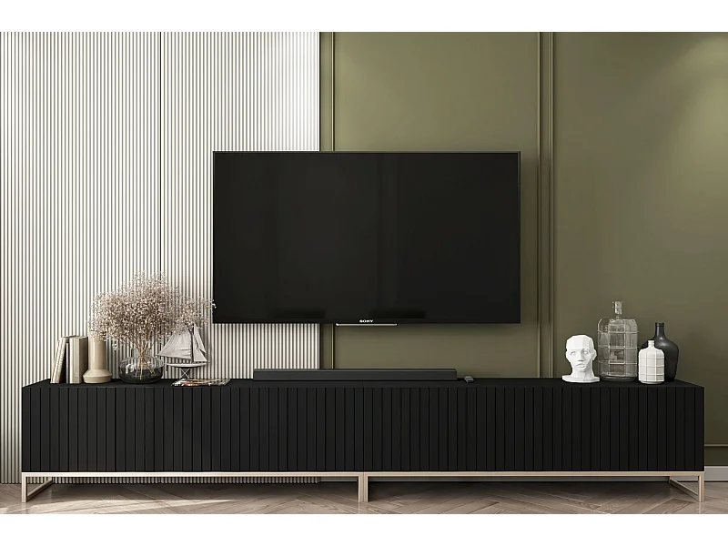 Meuble TV avec 8 portes - Corps Noir mat, façades rainurées Noir mat - 300 cm, cadre métallique