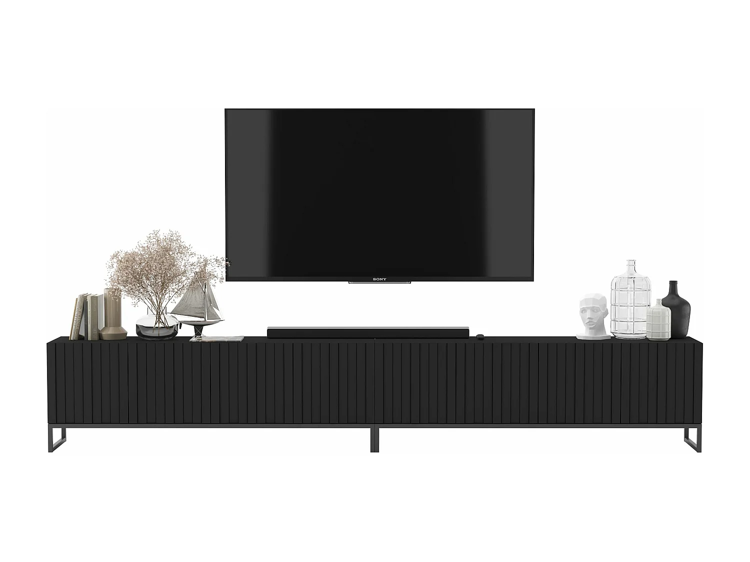 Meuble TV avec 8 portes - corps Noir mat, façades cannelées Noir mat - 300 cm, Cadre en métal noir