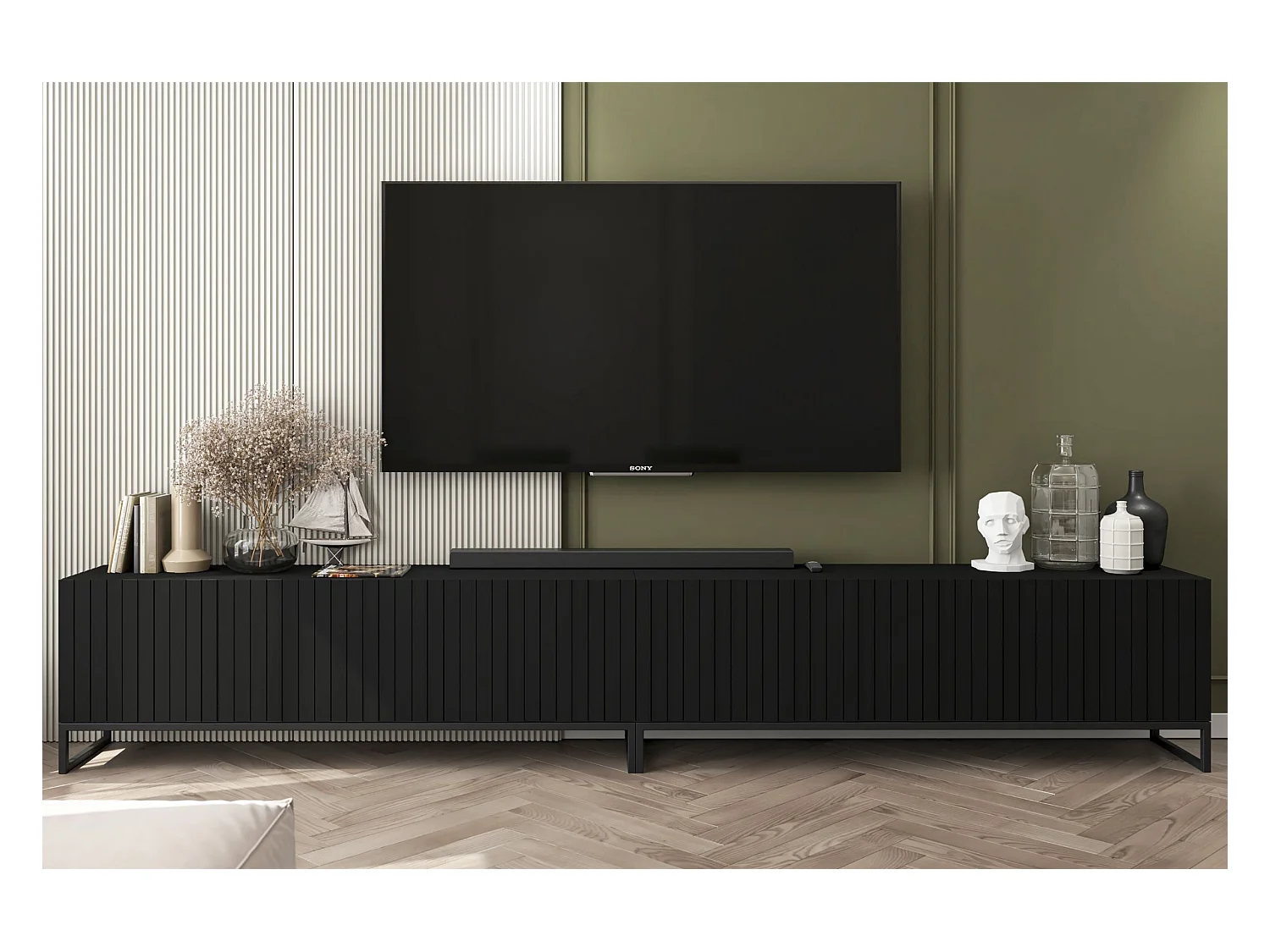 Meuble TV avec 8 portes - corps Noir mat, façades cannelées Noir mat - 300 cm, Cadre en métal noir