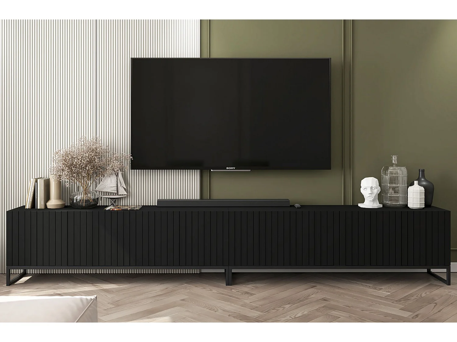 Meuble TV avec 8 portes - corps Noir mat, façades cannelées Noir mat - 300 cm, Cadre en métal noir
