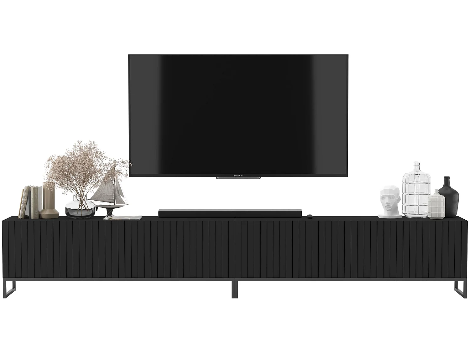 Szafka RTV z 8 drzwiczkami - Korpus czarny mat, ryflowane fronty czarny mat - 300 cm, Czarna metalowa rama