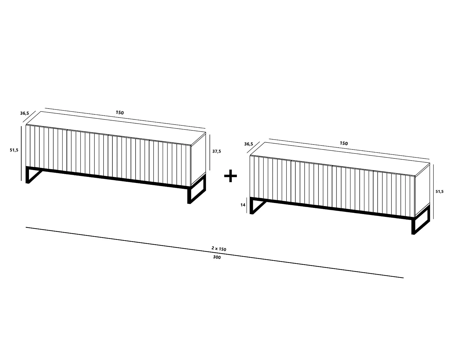 Szafka RTV z 8 drzwiczkami - Korpus czarny mat, ryflowane fronty czarny mat - 300 cm, Czarna metalowa rama