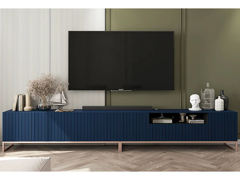 Meuble TV avec 7 portes et niche - corps Bleu marine mat, façades cannelées Bleu marine mat - 300 cm, cadre en métal