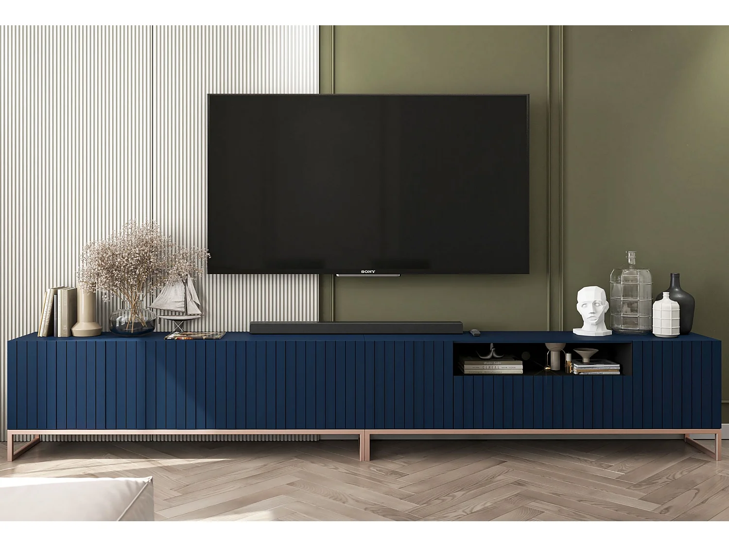 Meuble TV avec 7 portes et niche - corps Bleu marine mat, façades cannelées Bleu marine mat - 300 cm, cadre en métal