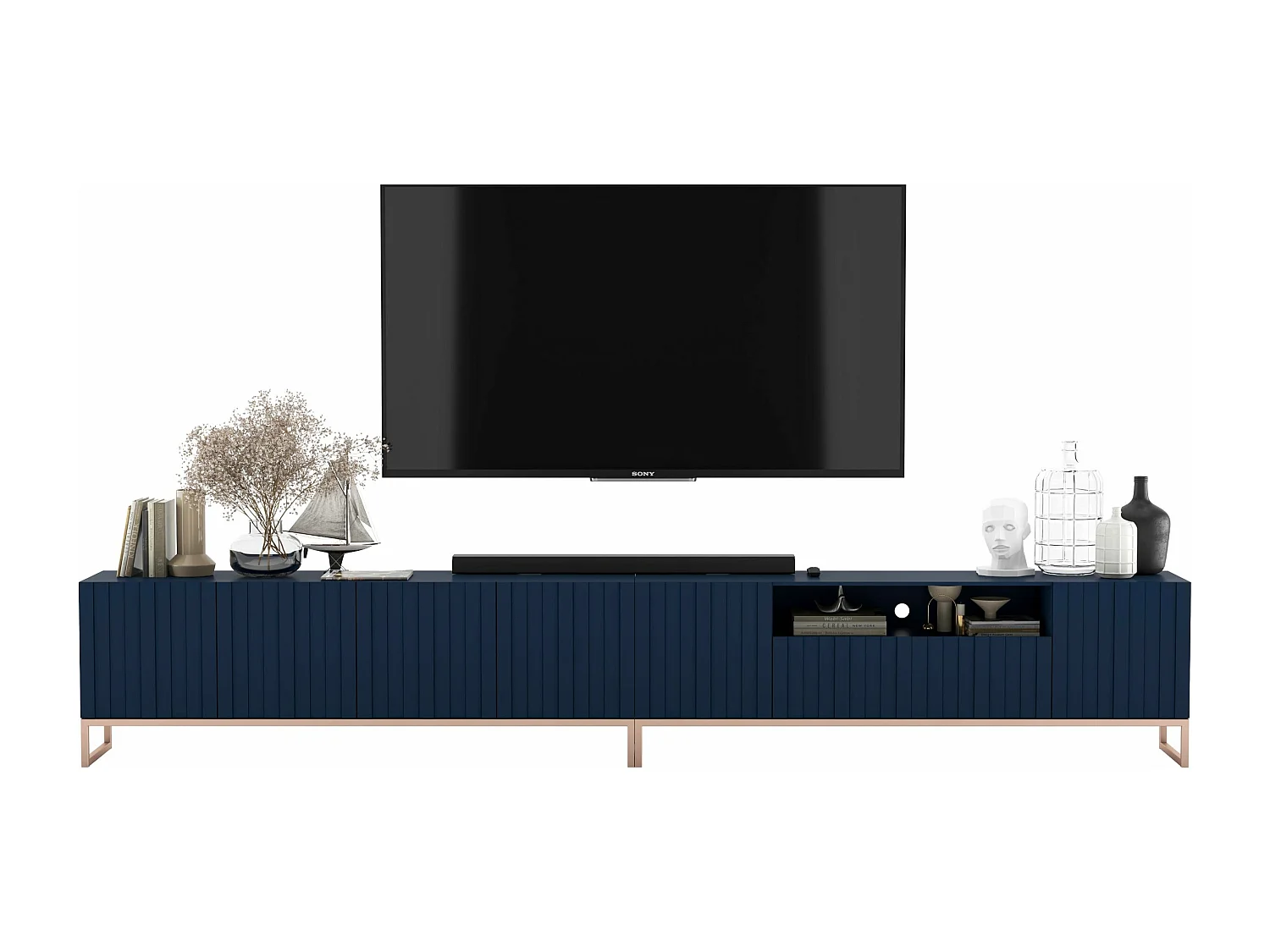 Meuble TV avec 7 portes et niche - corps Bleu marine mat, façades cannelées Bleu marine mat - 300 cm, cadre en métal