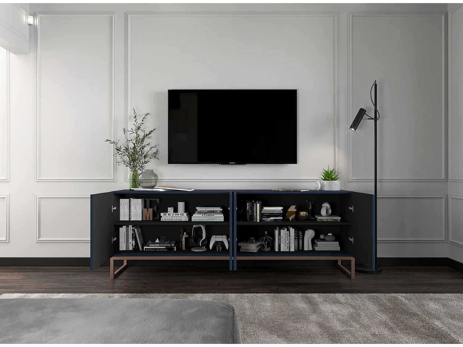 Meuble TV avec 7 portes et niche - corps Bleu marine mat, façades cannelées Bleu marine mat - 300 cm, cadre en métal