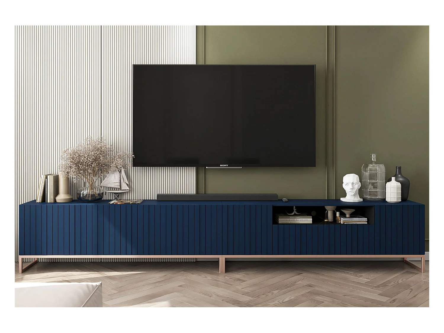 Meuble TV avec 7 portes et niche - corps Bleu marine mat, façades cannelées Bleu marine mat - 300 cm, cadre en métal