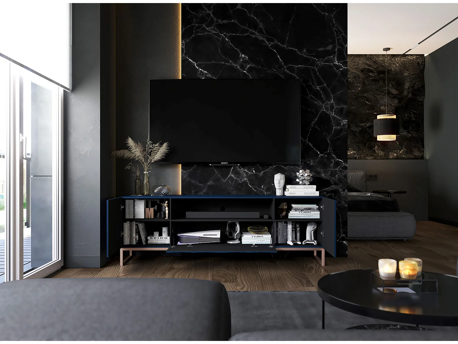 Meuble TV avec 7 portes et niche - corps Bleu marine mat, façades cannelées Bleu marine mat - 300 cm, cadre en métal