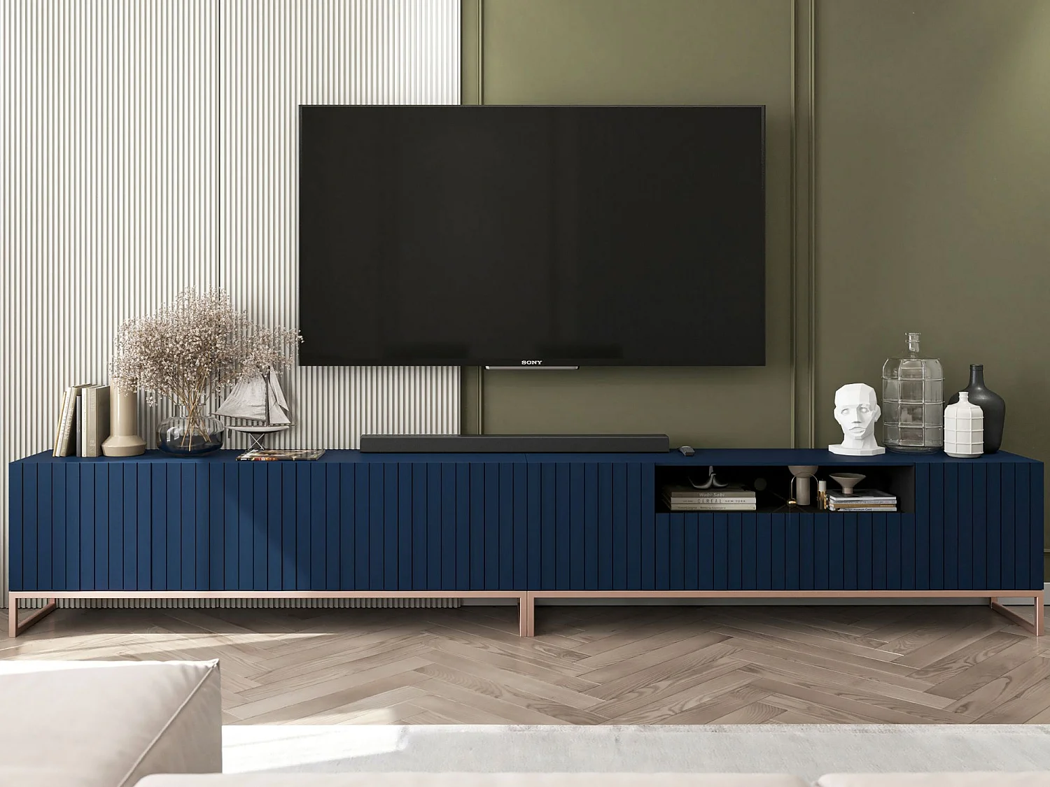 Meuble TV avec 7 portes et niche - corps Bleu marine mat, façades cannelées Bleu marine mat - 300 cm, cadre en métal