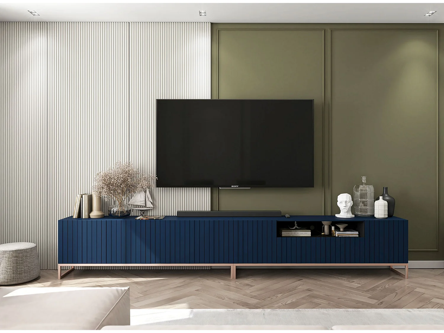 Meuble TV avec 7 portes et niche - corps Bleu marine mat, façades cannelées Bleu marine mat - 300 cm, cadre en métal