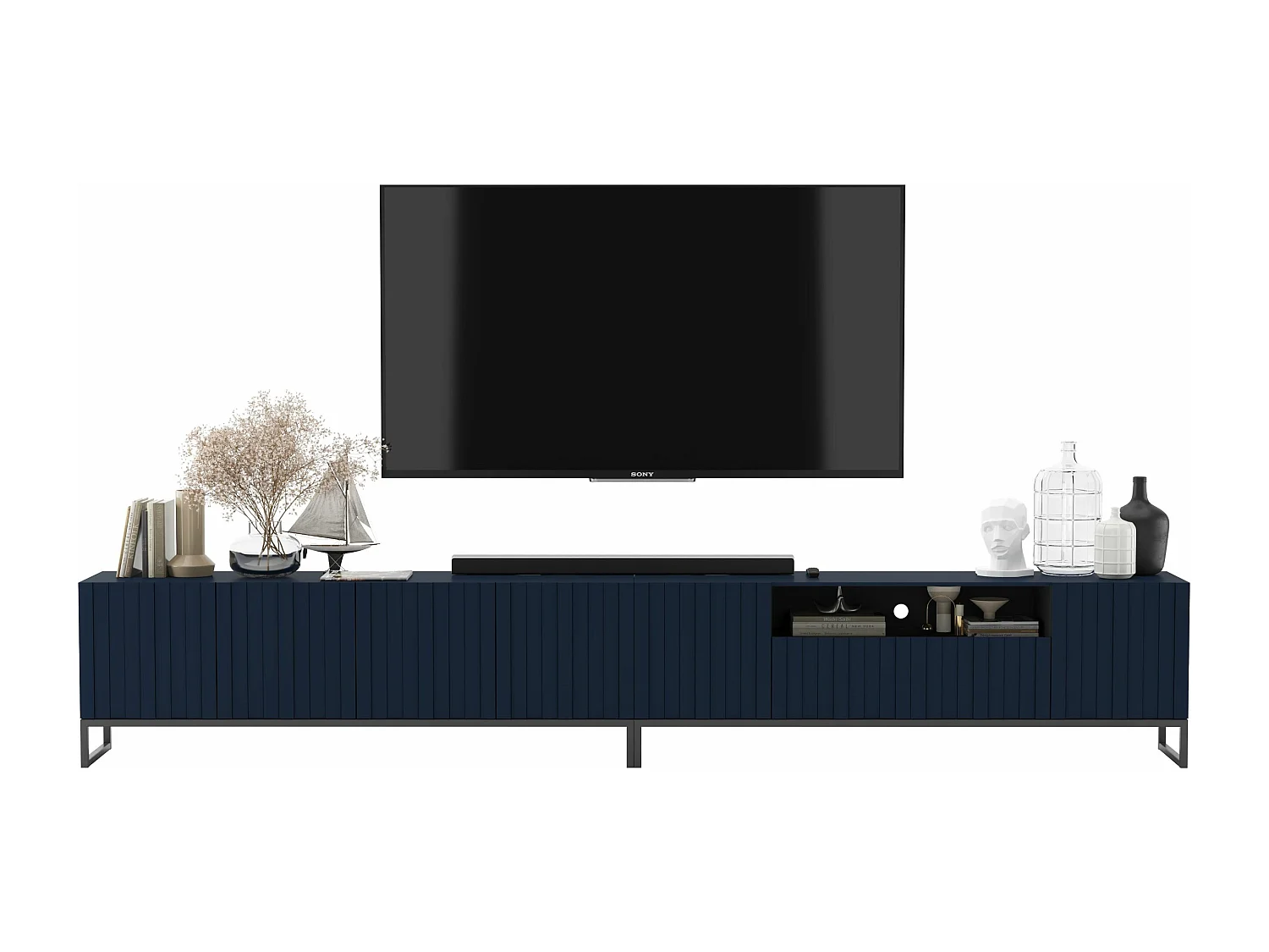 Meuble TV avec 7 portes et niche - corps Bleu marine mat, façades cannelées Bleu marine mat - 300 cm, Cadre en métal noir