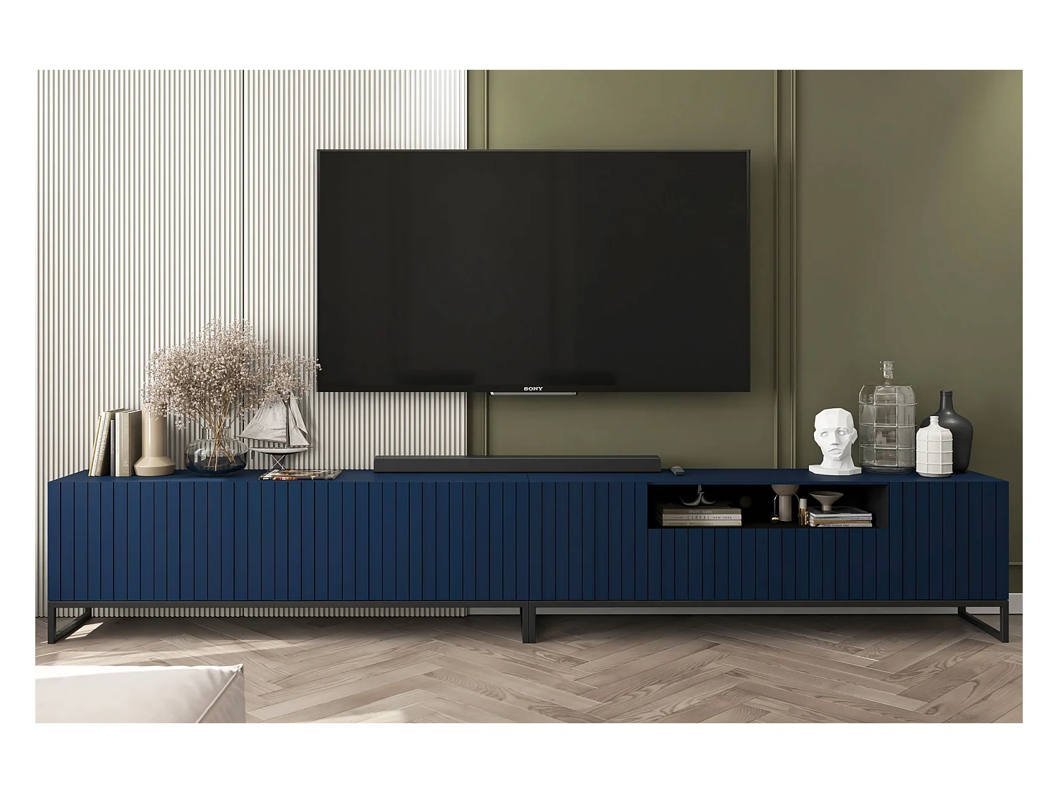 Meuble TV avec 7 portes et niche - corps Bleu marine mat, façades cannelées Bleu marine mat - 300 cm, Cadre en métal noir