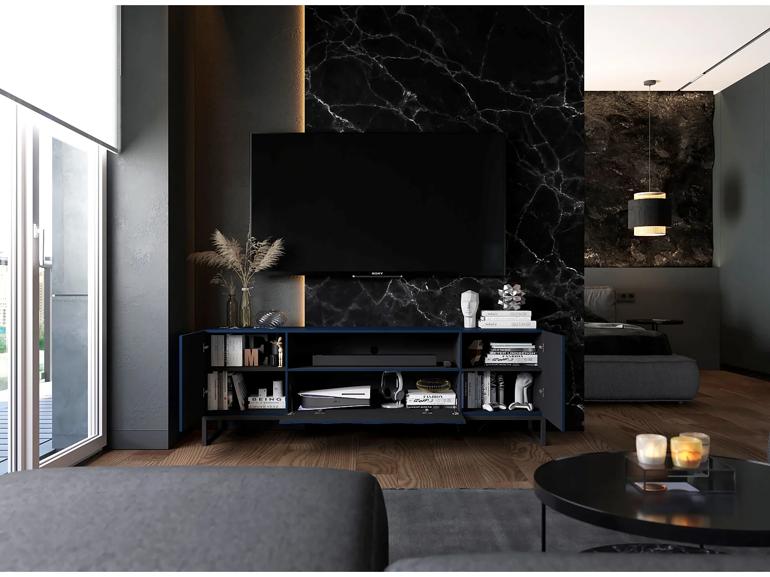 Meuble TV avec 7 portes et niche - corps Bleu marine mat, façades cannelées Bleu marine mat - 300 cm, Cadre en métal noir