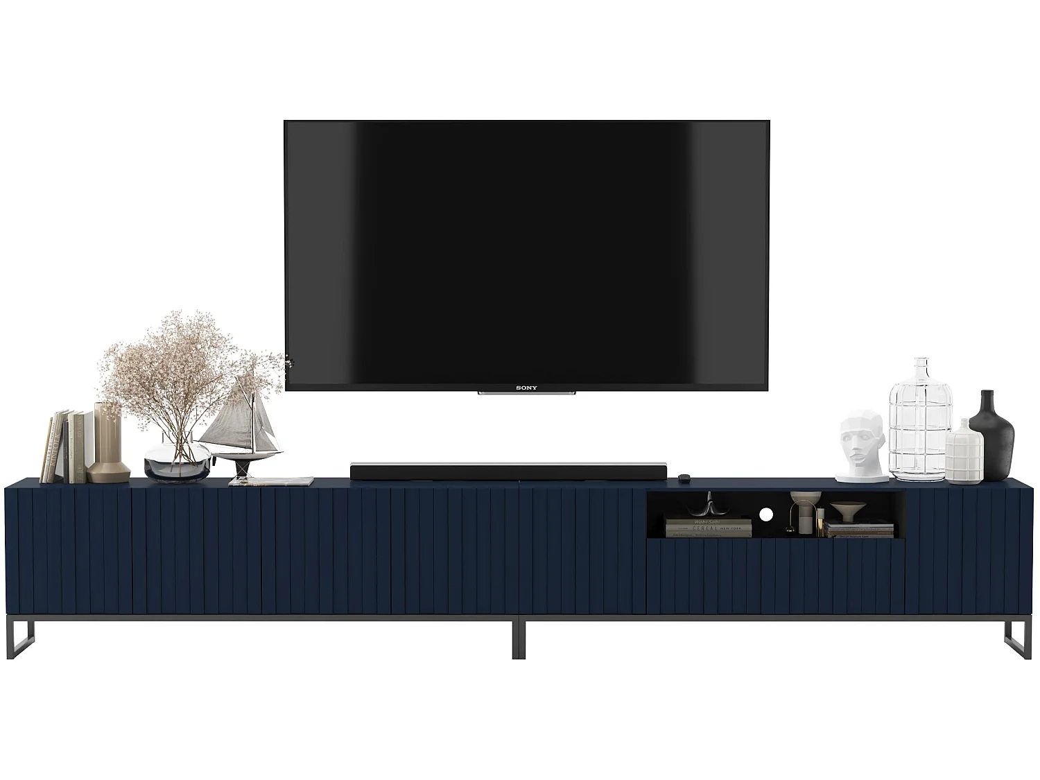 Szafka RTV z 7 drzwiami i wnęką – Korpus Granatowy mat, fronty ryflowane Granatowy mat – 300 cm, rama z czarnego metalu