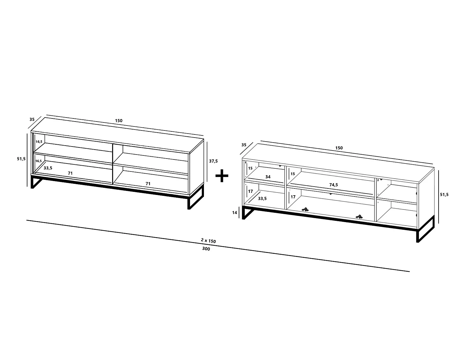 Szafka RTV z 7 drzwiami i wnęką – Korpus Granatowy mat, fronty ryflowane Granatowy mat – 300 cm, rama z czarnego metalu