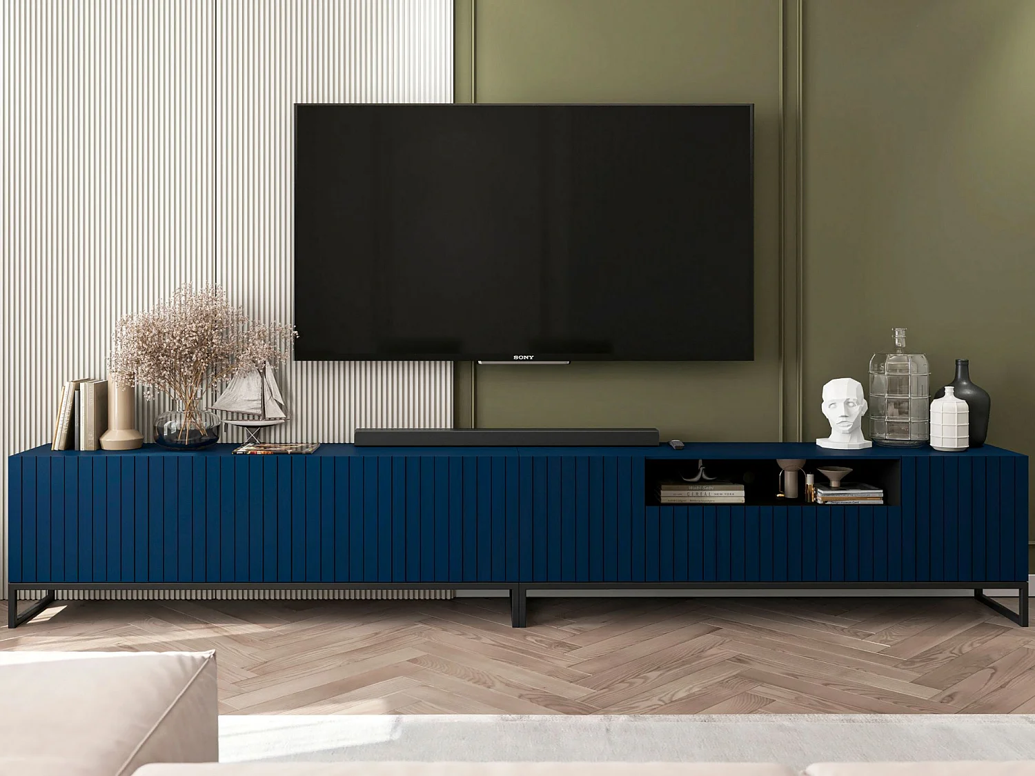 Mobile TV con 7 ante e vano a giorno – Struttura Blu navy opaco, frontali scanalati Blu navy opaco – 300 cm, telaio in metallo nero