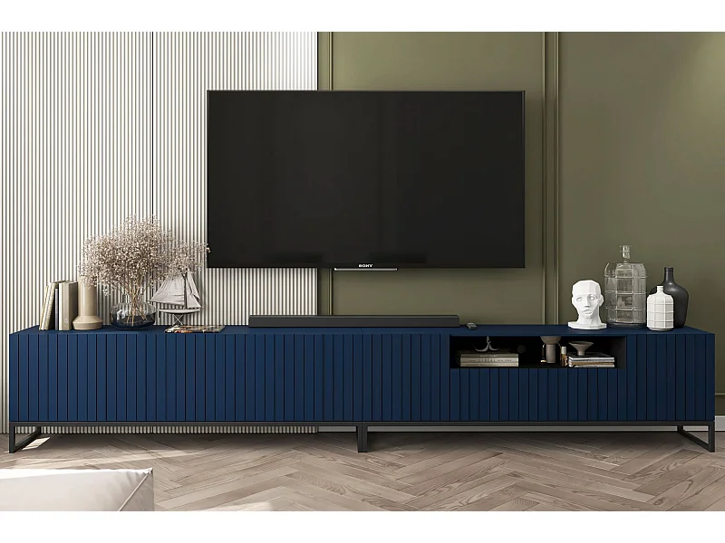 Meuble TV avec 7 portes et niche - corps Bleu marine mat, façades cannelées Bleu marine mat - 300 cm, Cadre en métal noir