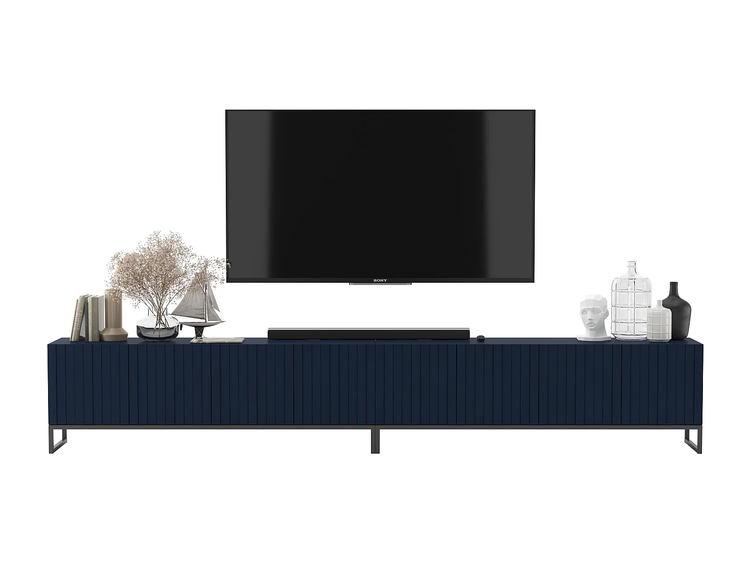 Meuble TV avec 8 portes - corps Bleu marine mat, façades cannelées Bleu marine mat - 300 cm, Cadre en métal noir