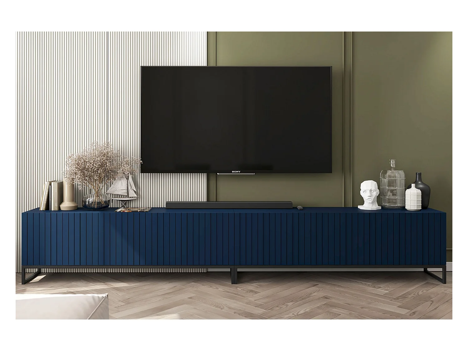 Meuble TV avec 8 portes - corps Bleu marine mat, façades cannelées Bleu marine mat - 300 cm, Cadre en métal noir