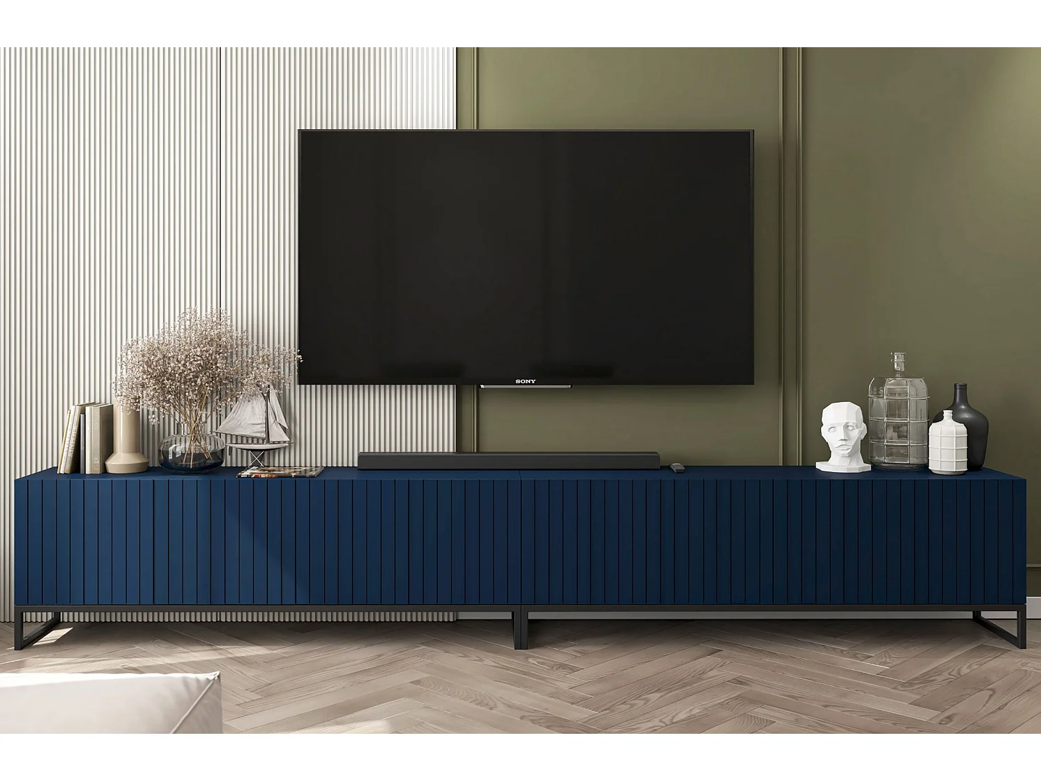 Meuble TV avec 8 portes - corps Bleu marine mat, façades cannelées Bleu marine mat - 300 cm, Cadre en métal noir