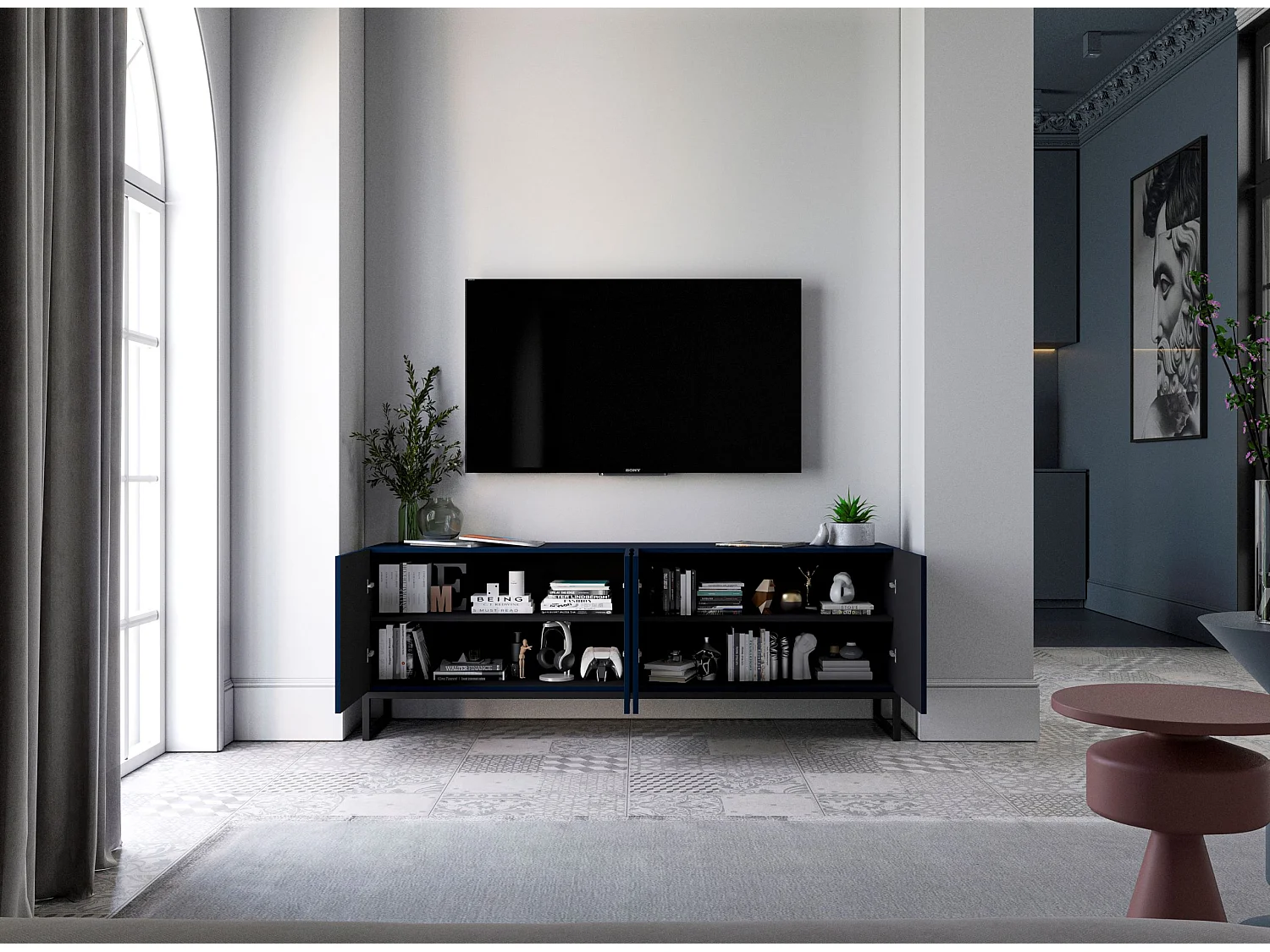 Meuble TV avec 8 portes - corps Bleu marine mat, façades cannelées Bleu marine mat - 300 cm, Cadre en métal noir