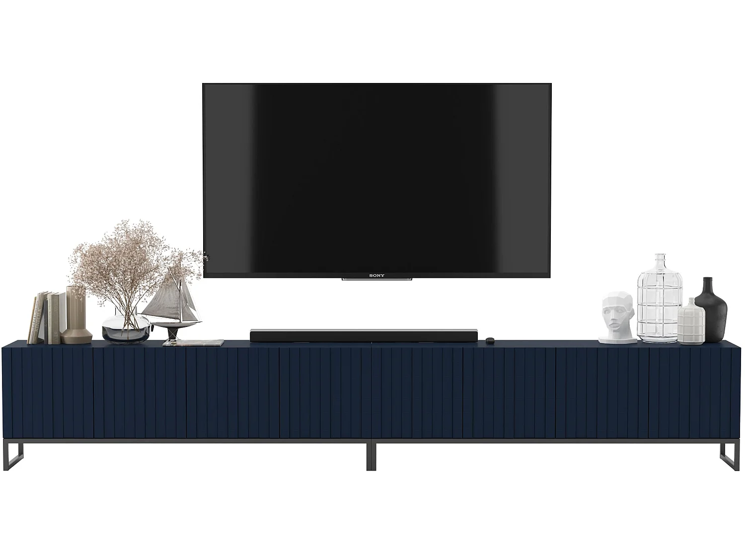 TV-Möbel mit 8 Türen - Korpus Marineblau matt, geriffelte Fronten Marineblau matt - 300 cm, Schwarzer Metallrahmen