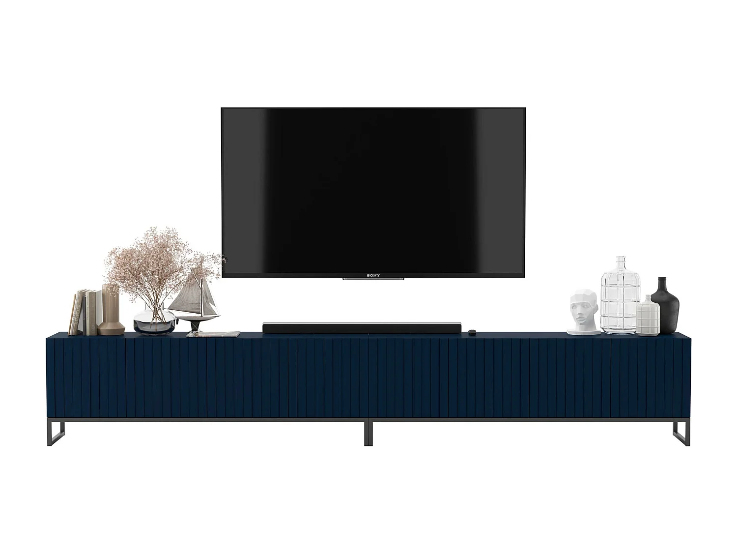 Szafka RTV z 8 drzwiczkami - Korpus granatowy mat, ryflowane fronty granatowy mat - 300 cm, Czarna metalowa rama