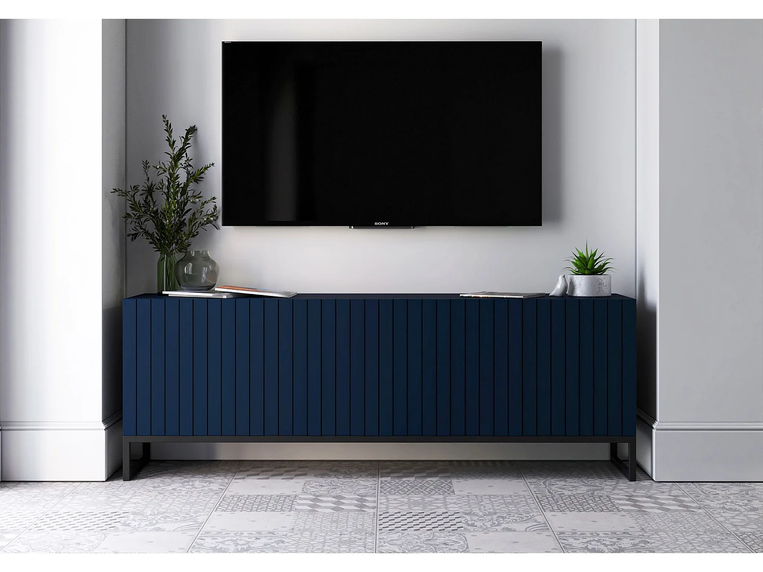 Meuble TV avec 4 portes - Corps Bleu Marine mat, façades rainurées Bleu Marine mat - 150 cm, Cadre en métal noir