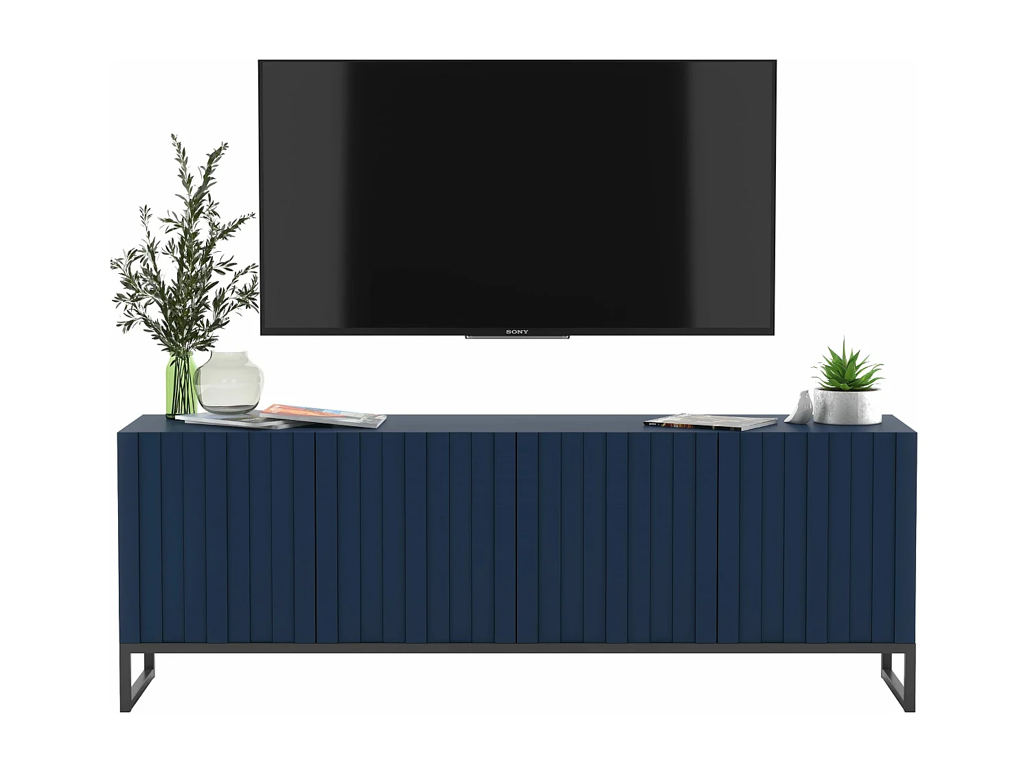 Meuble TV avec 4 portes - Corps Bleu Marine mat, façades rainurées Bleu Marine mat - 150 cm, Cadre en métal noir