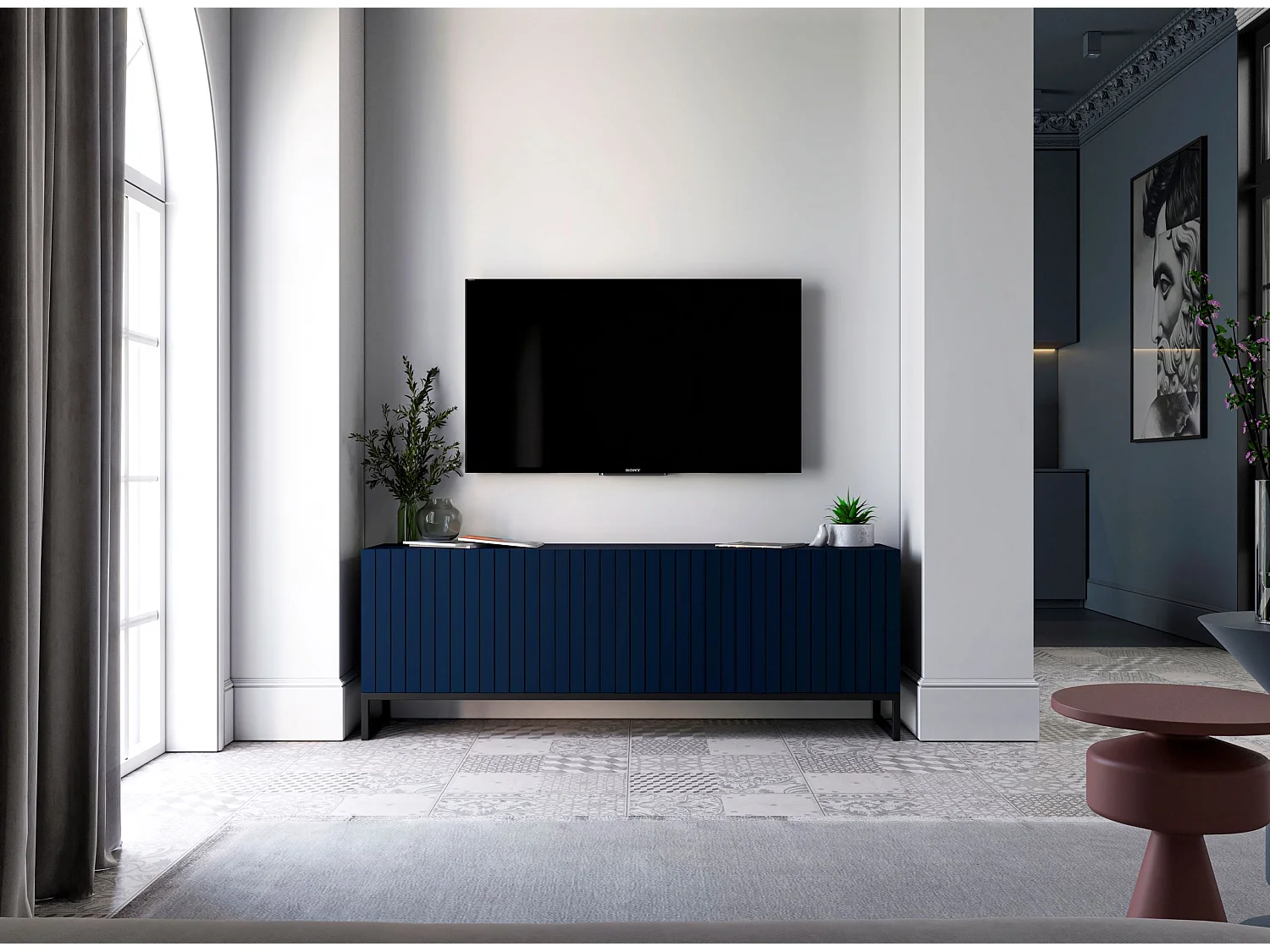 Meuble TV avec 4 portes - Corps Bleu Marine mat, façades rainurées Bleu Marine mat - 150 cm, Cadre en métal noir