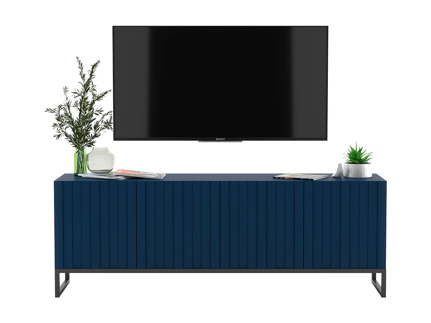 Meuble TV avec 4 portes - Corps Bleu Marine mat, façades rainurées Bleu Marine mat - 150 cm, Cadre en métal noir