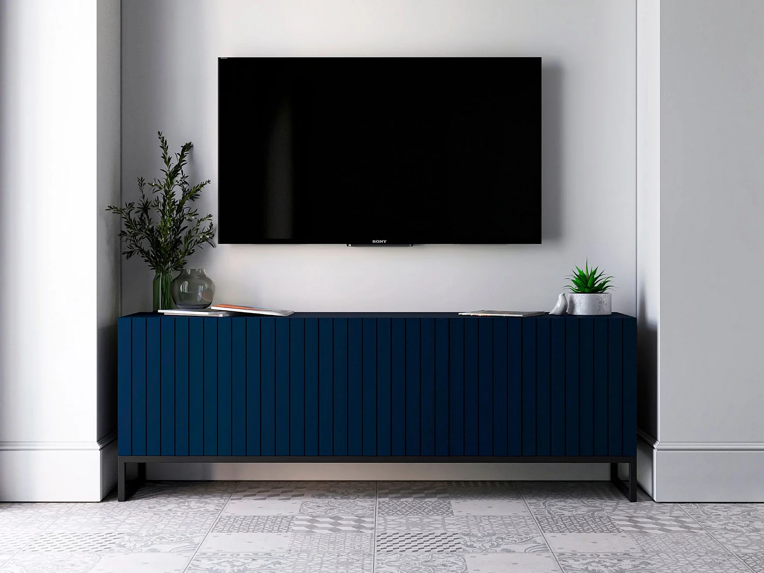 Meuble TV avec 4 portes - Corps Bleu Marine mat, façades rainurées Bleu Marine mat - 150 cm, Cadre en métal noir