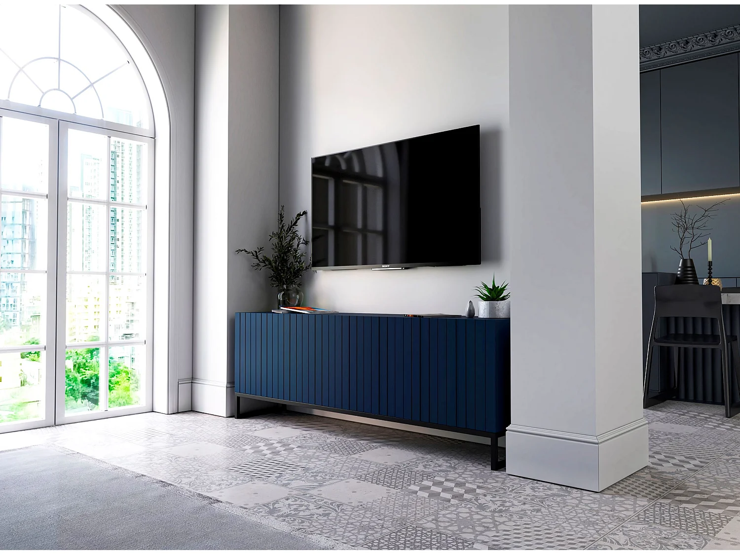 Meuble TV avec 4 portes - Corps Bleu Marine mat, façades rainurées Bleu Marine mat - 150 cm, Cadre en métal noir