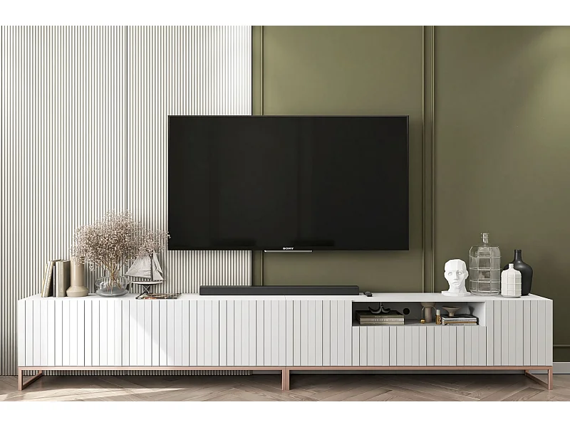 Meuble TV avec 7 portes et niche - corps Blanc mat, façades cannelées Blanc mat - 300 cm, cadre en métal
