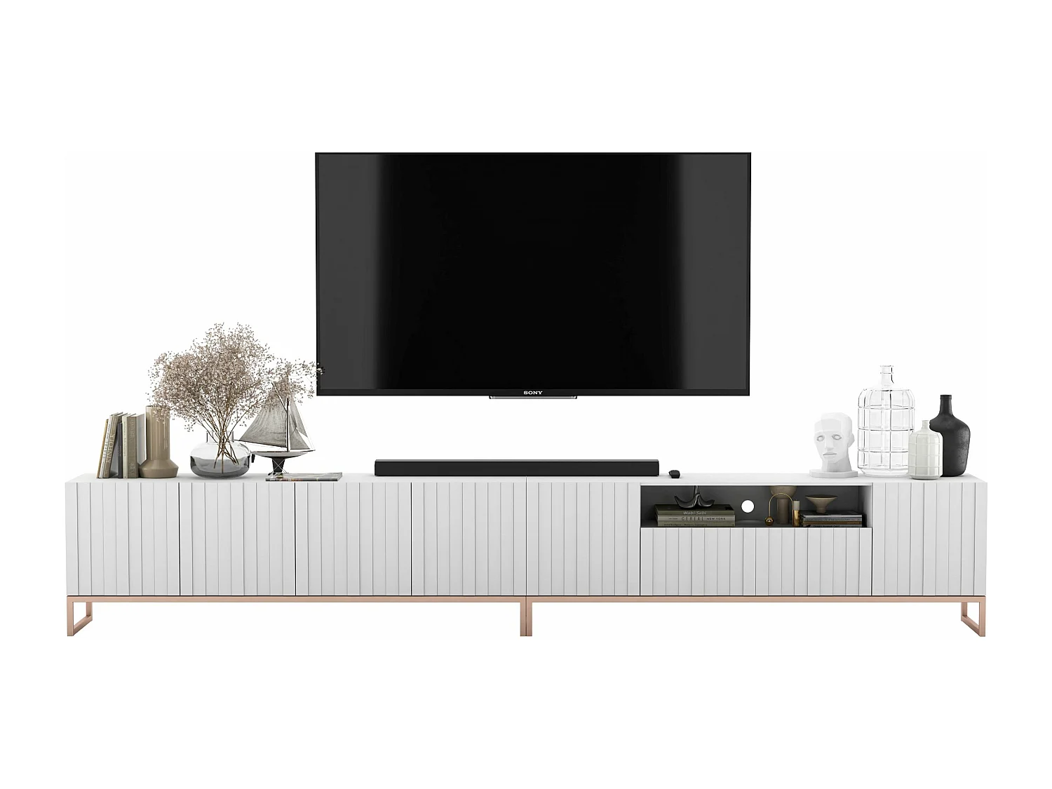 Meuble TV avec 7 portes et niche - corps Blanc mat, façades cannelées Blanc mat - 300 cm, cadre en métal