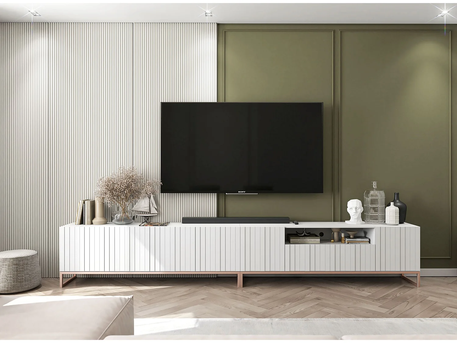 Meuble TV avec 7 portes et niche - corps Blanc mat, façades cannelées Blanc mat - 300 cm, cadre en métal