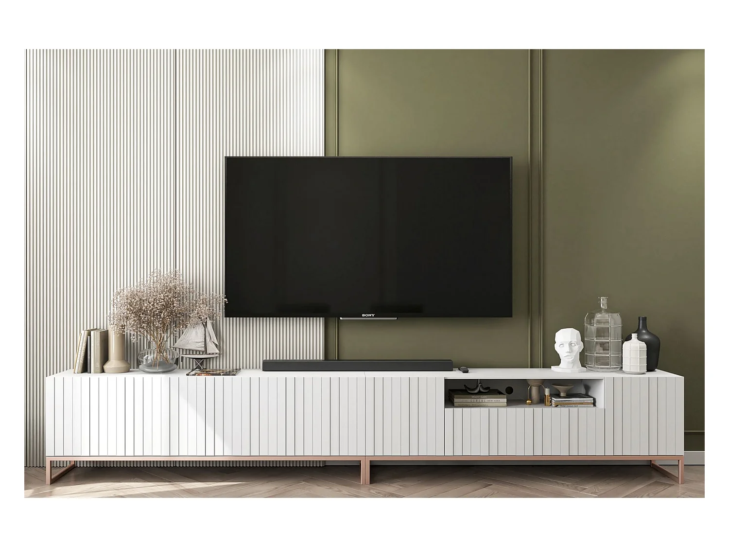Meuble TV avec 7 portes et niche - corps Blanc mat, façades cannelées Blanc mat - 300 cm, cadre en métal
