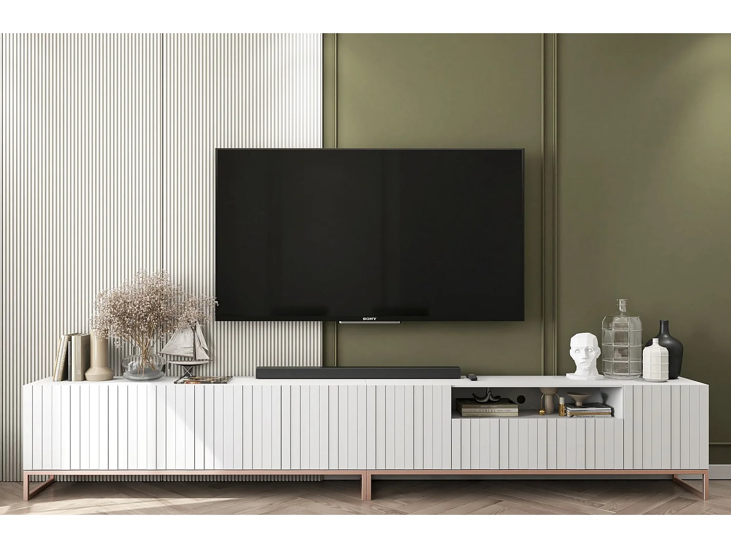 Meuble TV avec 7 portes et niche - corps Blanc mat, façades cannelées Blanc mat - 300 cm, cadre en métal