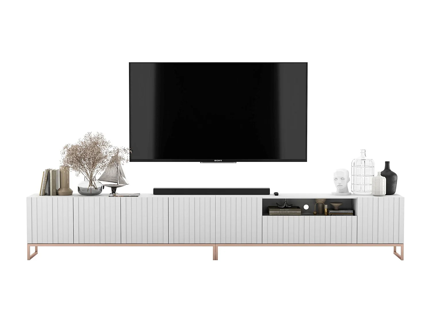 Meuble TV avec 7 portes et niche - corps Blanc mat, façades cannelées Blanc mat - 300 cm, cadre en métal
