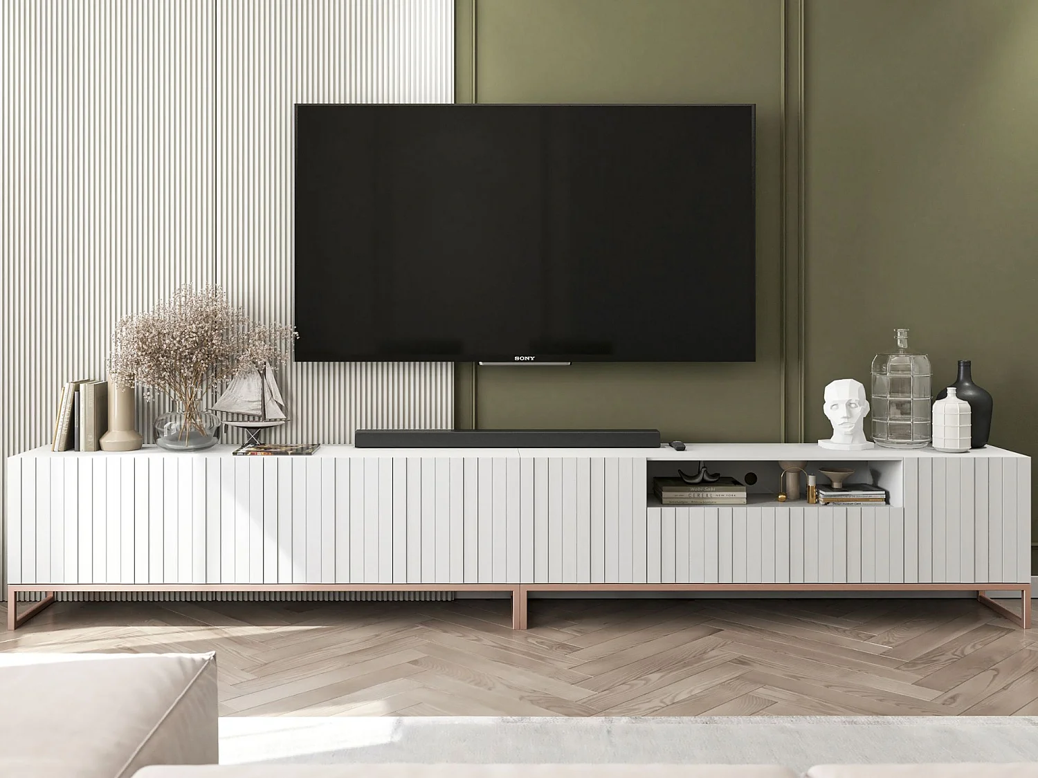 Meuble TV avec 7 portes et niche - corps Blanc mat, façades cannelées Blanc mat - 300 cm, cadre en métal