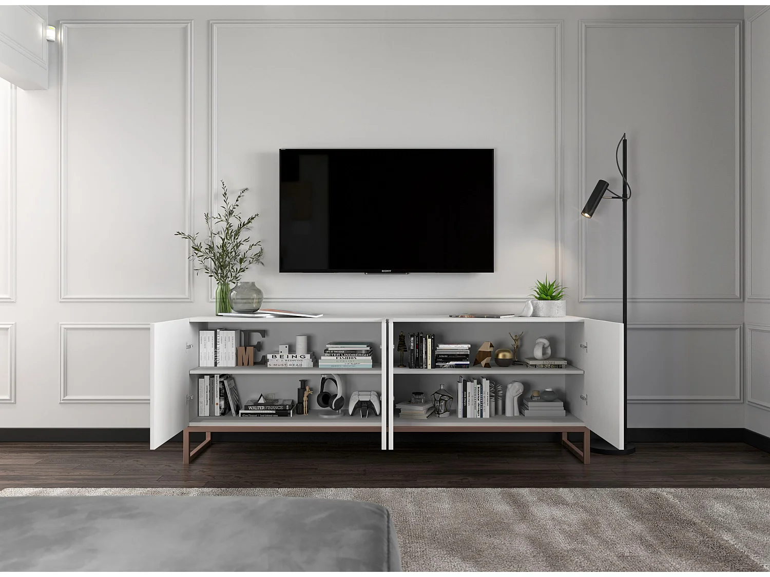 Meuble TV avec 7 portes et niche - corps Blanc mat, façades cannelées Blanc mat - 300 cm, cadre en métal