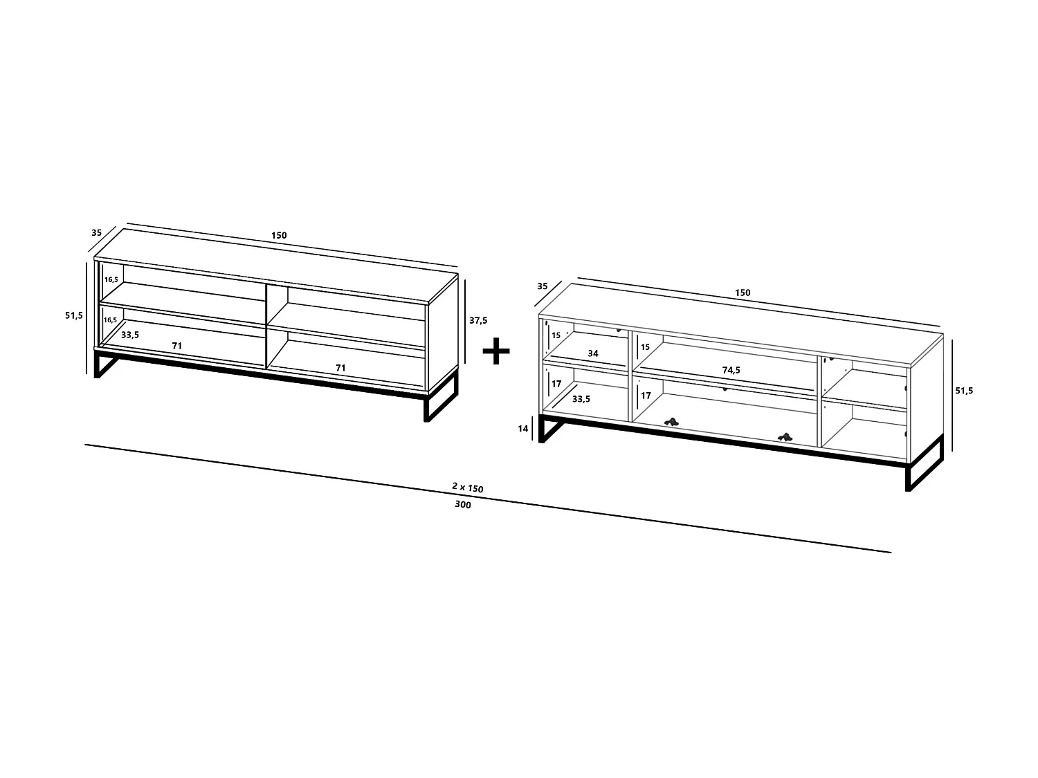Meuble TV avec 7 portes et niche - corps Blanc mat, façades cannelées Blanc mat - 300 cm, cadre en métal