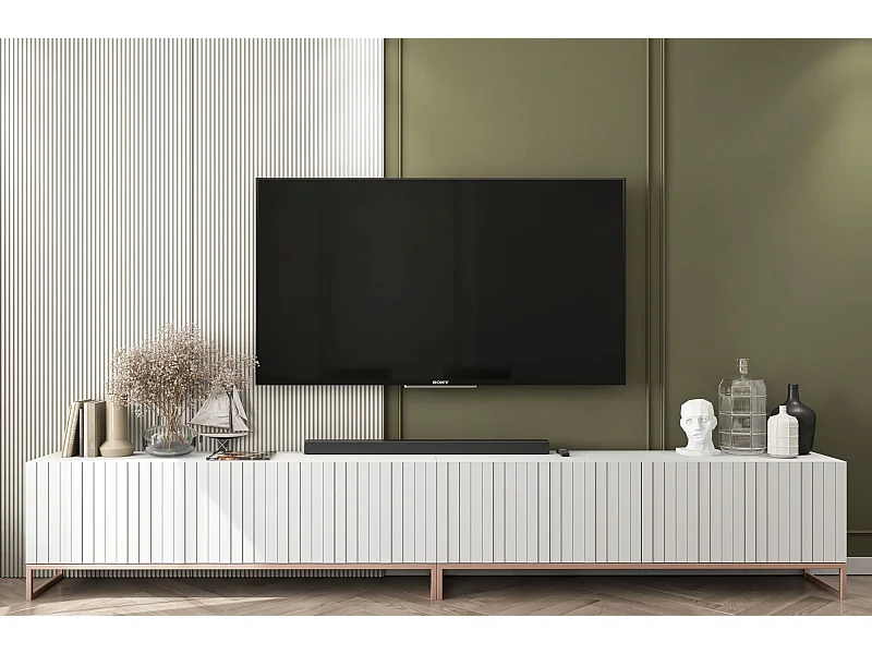 Meuble TV avec 8 portes - Corps Blanc mat, façades rainurées Blanc mat - 300 cm, cadre métallique