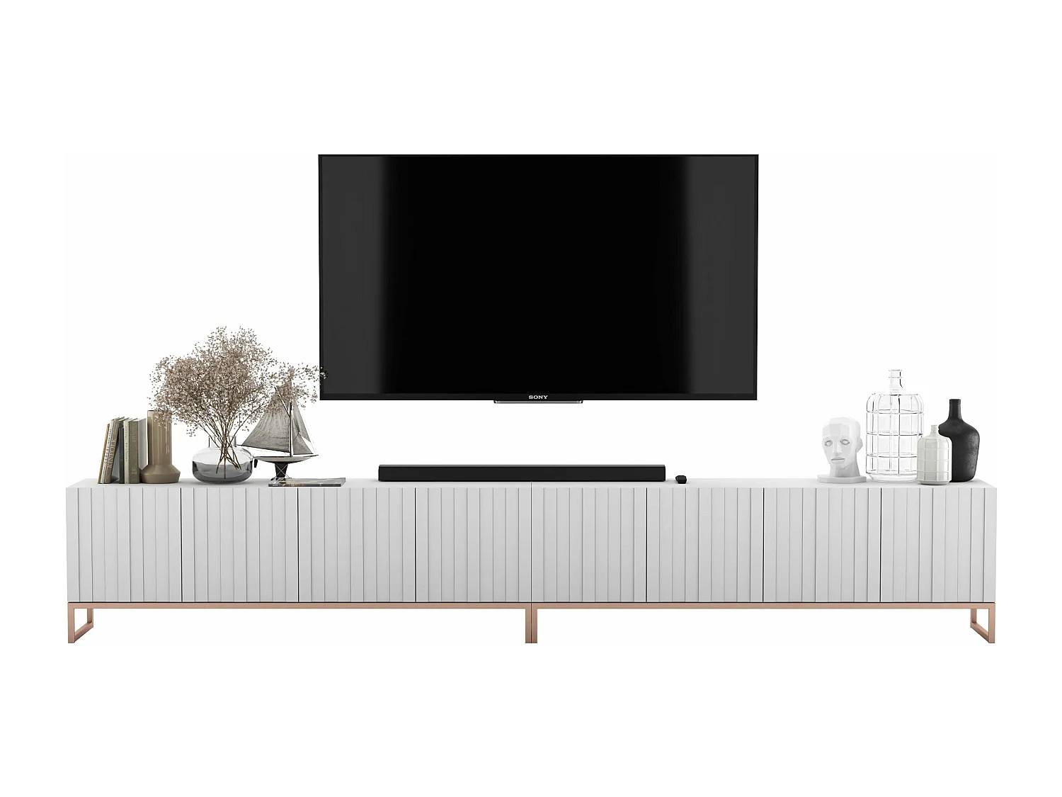 Meuble TV avec 8 portes - Corps Blanc mat, façades rainurées Blanc mat - 300 cm, cadre métallique