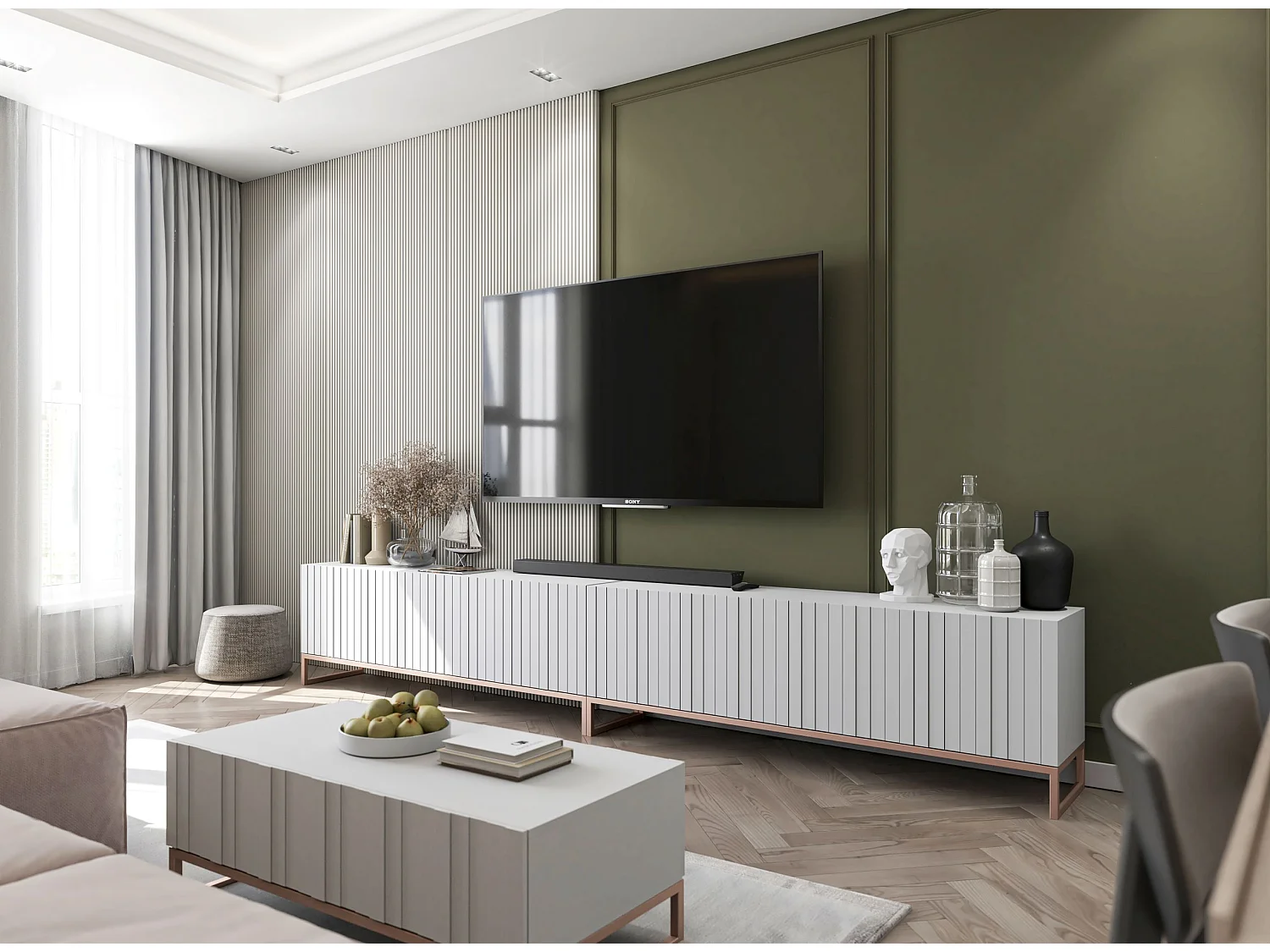 Meuble TV avec 8 portes - Corps Blanc mat, façades rainurées Blanc mat - 300 cm, cadre métallique