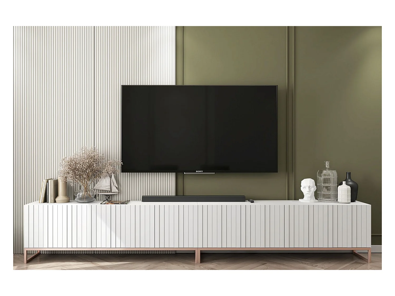Meuble TV avec 8 portes - Corps Blanc mat, façades rainurées Blanc mat - 300 cm, cadre métallique